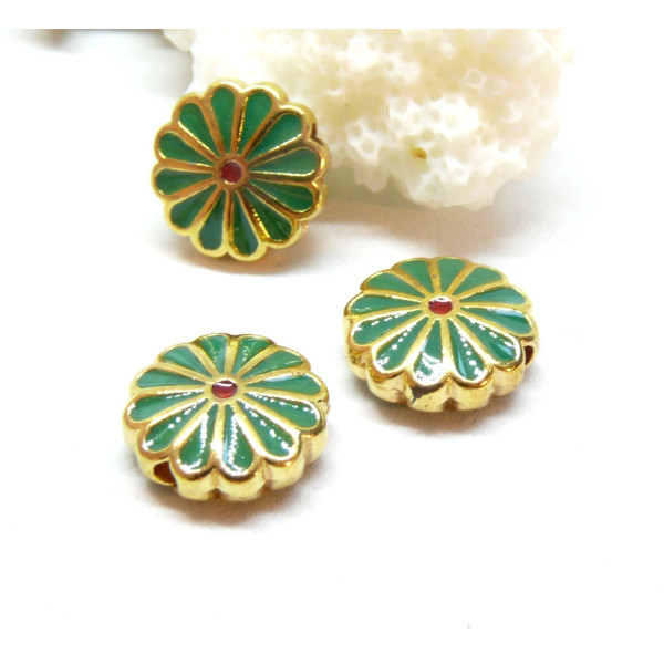 Perles intercalaires Cloisonné résine style émaillés Marguerite Vert Foncé 12mm sur une base en métal Doré