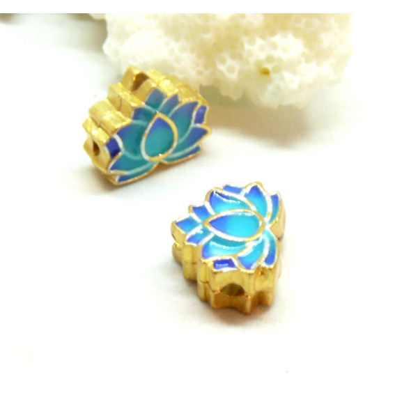 Perles intercalaire Cloisonné résine style émaillés Biface Fleur de lotus 13mm sur une base en métal Doré Ref 2
