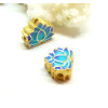 Perles intercalaire Cloisonné résine style émaillés Biface Fleur de lotus 13mm sur une base en métal Doré Ref 2