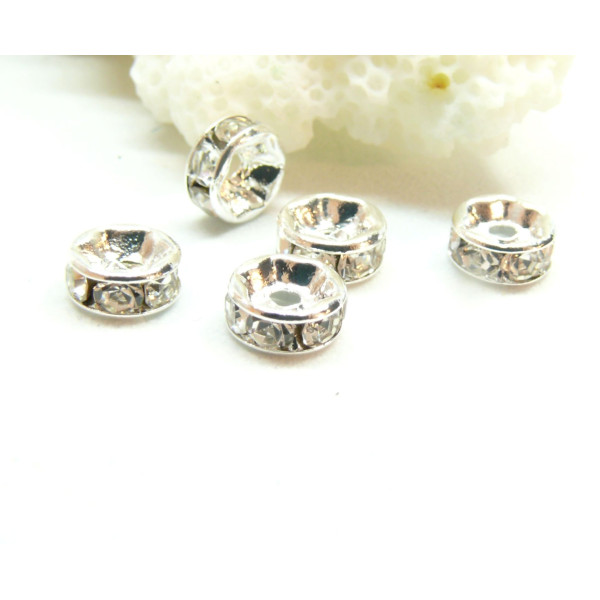 Perles intercalaires Rondelles avec Strass 6 mm, métal  finition Argent VIF