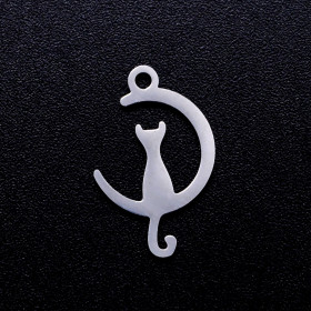 Pendentifs Chat dans Lune 18mm -  en Acier Inoxydable finition Argenté
