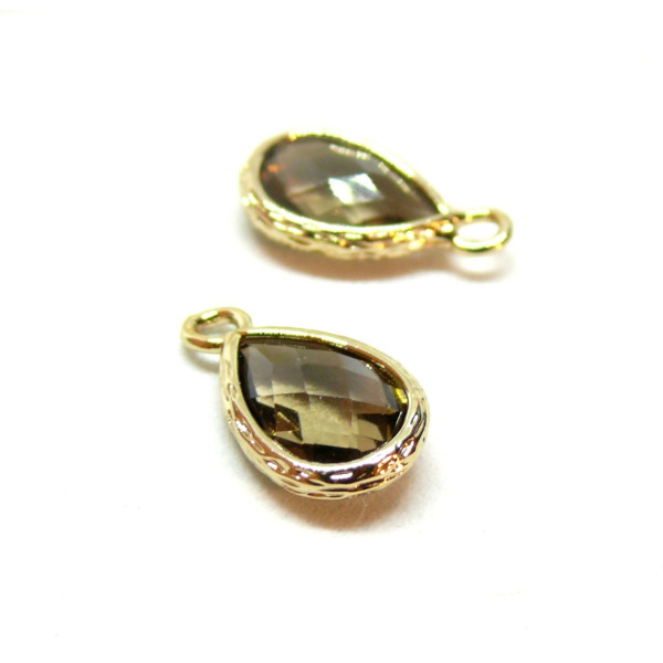 Pendentifs Goutte Verre Marron fumé Facette 14mm sur cuivre  finition Doré