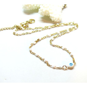 Collier 45 cm résine émaillé Blanc- maille forçat fine 2 mm - Acier Inoxydable - base Doré