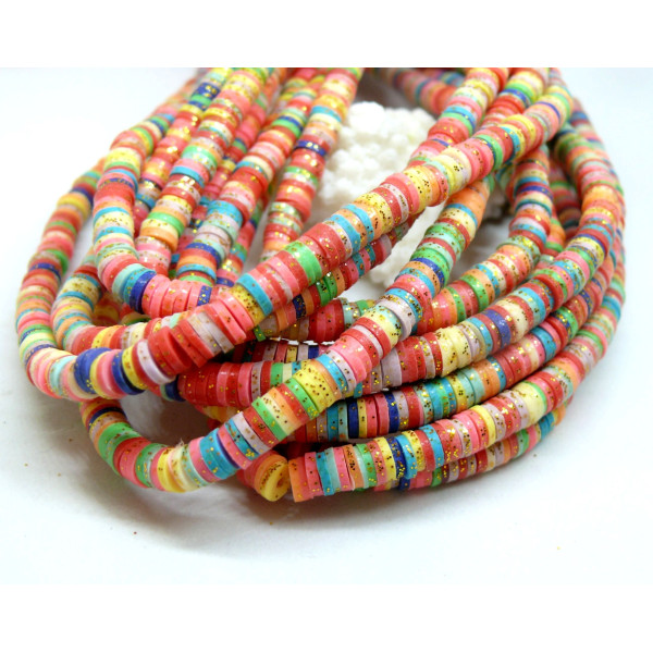 Perles Rondelles Heishi 5.5x1mm Pâte Polymère Multicolore & Paillettes Dorées 04C
