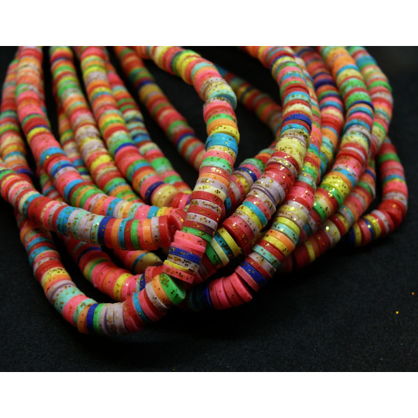 Perles Rondelles Heishi 5.5x1mm Pâte Polymère Multicolore & Paillettes Dorées 04C