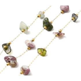 Chaine en Acier Inoxydable 316 Doré finition Ionique et 18KT avec Perles Chips Nuggets en Tourmaline