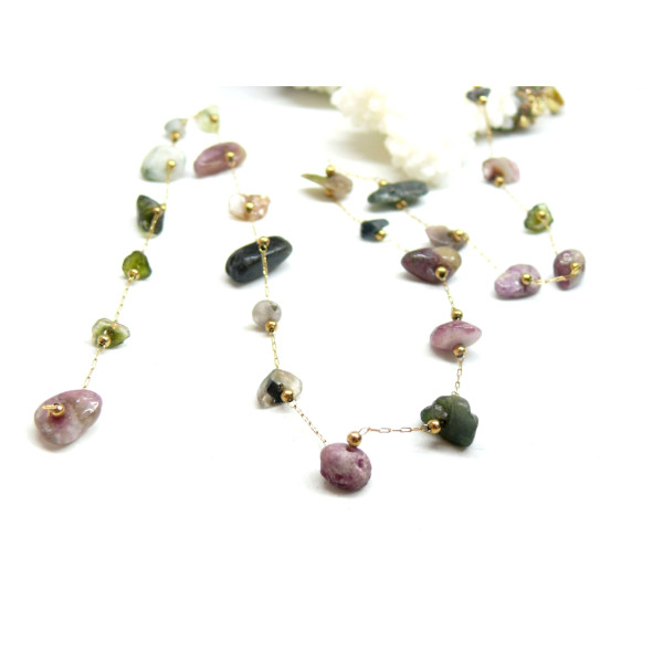 Chaine en Acier Inoxydable 316 Doré finition Ionique et 18KT avec Perles Chips Nuggets en Tourmaline