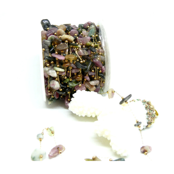 Chaine en Acier Inoxydable 316 Doré finition Ionique et 18KT avec Perles Chips Nuggets en Tourmaline