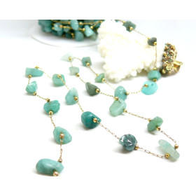 Chaine en Acier Inoxydable 316 Doré finition Ionique et 18KT avec Perles Chips Nuggets Amazonite