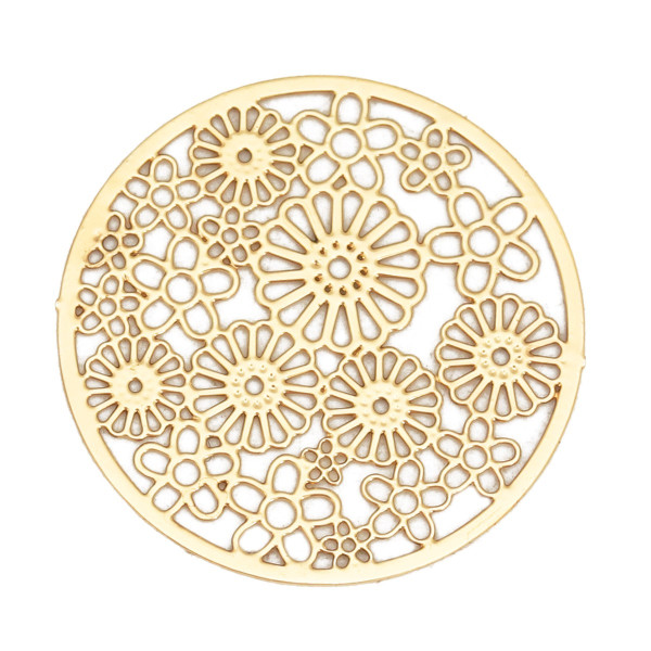 Estampes, pendentifs connecteurs filigrane, forme Ronde Multi fleurs 23mm, Coloris Doré