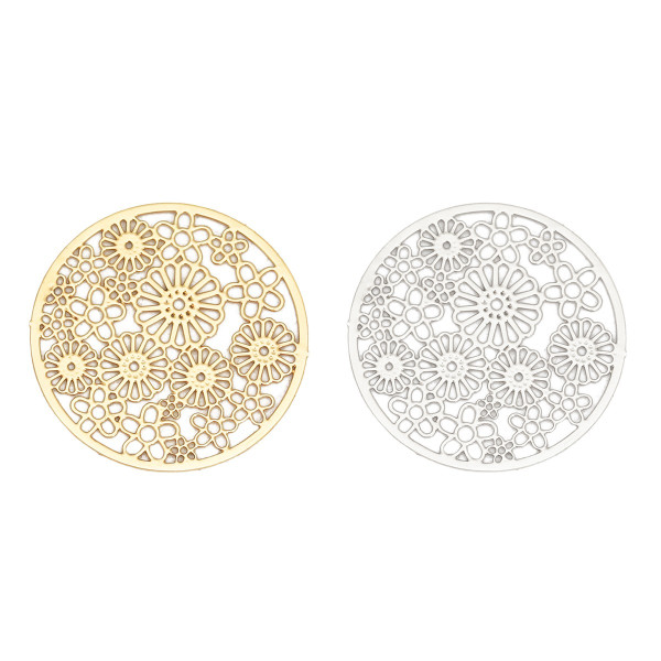 Estampes, pendentifs connecteurs filigrane, forme Ronde Multi fleurs 23mm, Coloris Doré