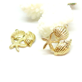 Pendentif Trio Étoile de Mer Coquillages  21mm en Acier Inoxydable 304 placage Doré