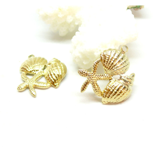 Pendentif Trio Étoile de Mer Coquillages  21mm en Acier Inoxydable 304 placage Doré