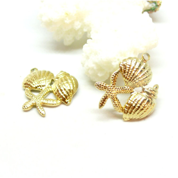 Pendentif Trio Étoile de Mer Coquillages  21mm en Acier Inoxydable 304 placage Doré