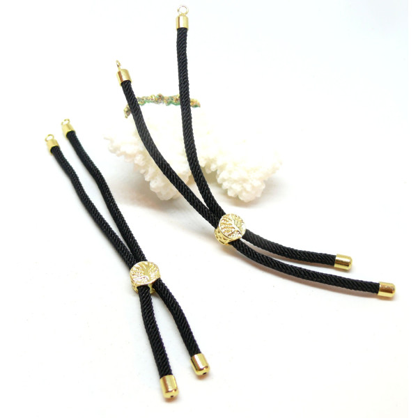 H11K01501A – Lot de 1 Bracelet Intercalaire ajustable, cordon Nylon avec accroche, Laiton motif Arbre Doré Noir
