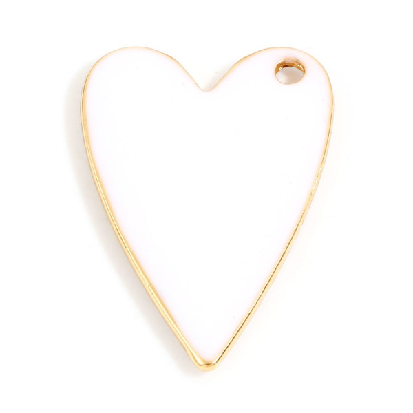 Pendentifs, Sequins résine style émaillés Cœur Blanc 29mm, sur une base en métal Doré