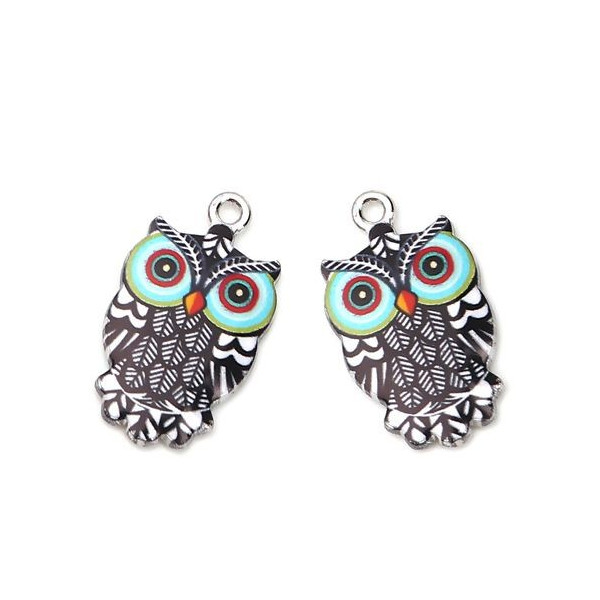 Pendentifs breloques Chouette, Hibou Émaillé 23 mm métal Argenté