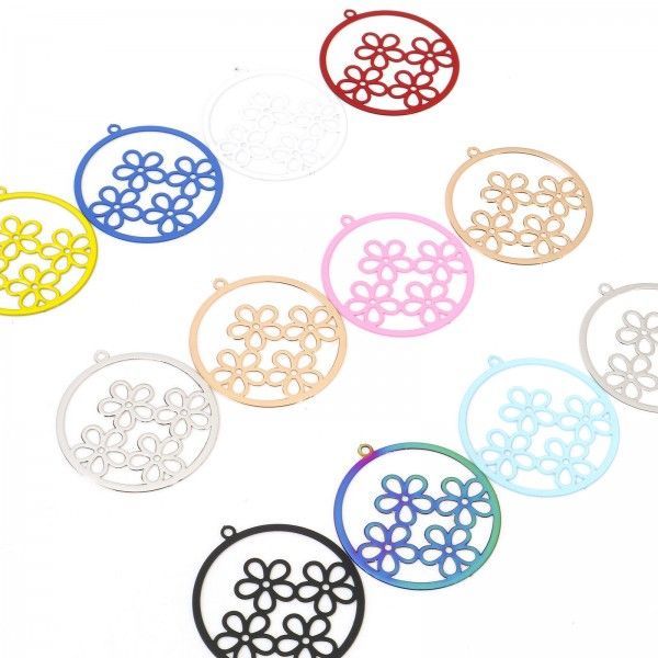 Estampes, pendentifs  multi fleurs dans cercle 25mm métal coloris Jaune