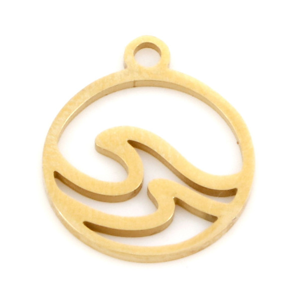 Pendentif Médaillon avec Vague de Surfeur 14mm en Acier Inoxydable finition Doré