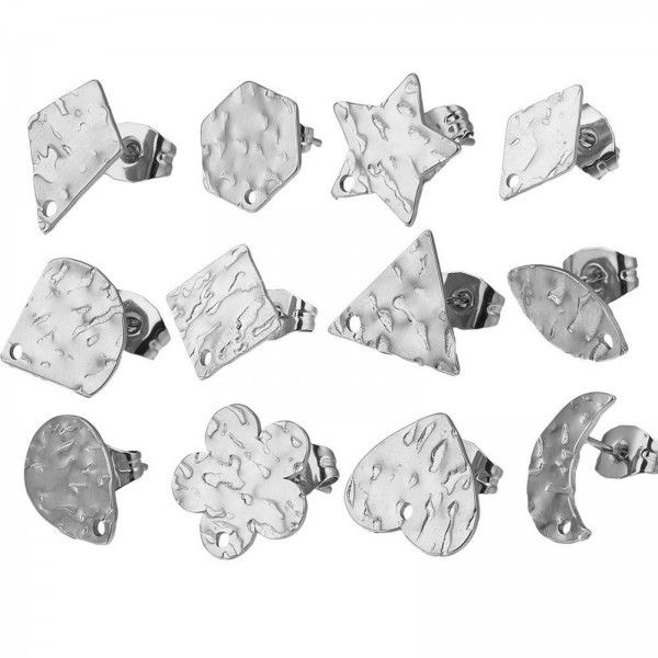 Boucles d'oreilles Puce Hexagone Martelée 12mm avec trou et embouts en Acier inoxydable 304 finition Argenté