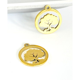 Pendentifs Arbre dans Cercle 12mm, Acier Inoxydable 304, finition placage Doré à l'or fin 18K