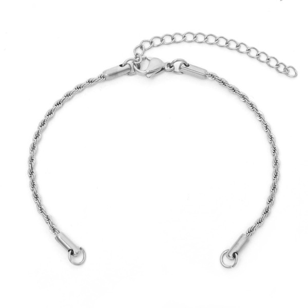 Bracelet ajustable avec chaine d'extension 17cm maille Vénitienne 1.7mm en Acier Inoxydable 304 coloris Argent Platine Rhodié