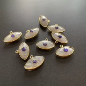 Pendentif Navette Amulette double  Pierre de Lune et Améthyste 10 par 20mm en Argent 925 finition Doré 18KT