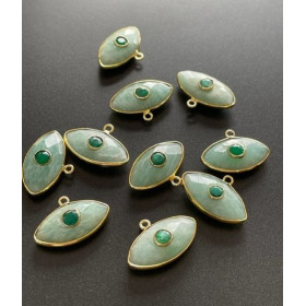 Pendentif Navette Amulette Œil de la protection double Amazonite et Emeraude 10 par 20mm en Argent 925 finition Doré 18KT