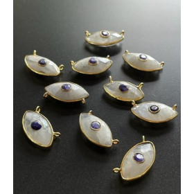 H11CH016 – Lot de 1 Connecteur Navette Amulette Double Pierre de Lune et Améthyste 10x20mm Argent 925 Doré 18KT