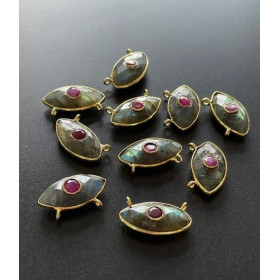 Connecteur Navette Amulette Œil de la protection double Labradorite et Rubis 10 par 20mm en Argent 925 finition Doré 18KT