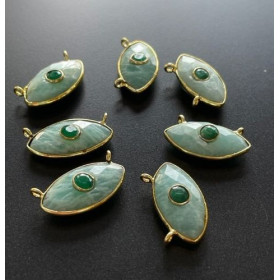 Connecteur Navette Amulette Œil de la protection double Amazonite et Emeraude 10 par 20mm en Argent 925 finition Doré 18KT