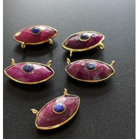 Connecteur Navette Amulette Œil de la protection double Rubis et Saphir 10 par 20mm en Argent 925 finition Doré 18KT
