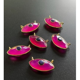 Connecteur Navette Amulette Œil de la protection double Calcédoine Rose et Saphir 10 par 20mm en Argent 925 finition Doré 18KT