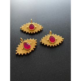 Pendentif Navette Amulette Œil de la protection Pierre Goutte Calcédoine Rose 11 par 22mm en Laiton finition Doré 18KT