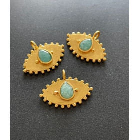 H11CH006 Lot 1 Pendentif Navette Amulette Œil de la protection Pierre Goutte Amazonite 11 par 22mm en Laiton finition Doré 18KT