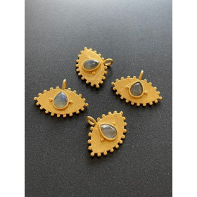 Pendentif Navette Amulette Œil de la protection Pierre Goutte Labradorite 11 par 22mm en Laiton finition Doré 18KT