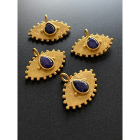 Pendentif Navette Amulette Œil de la protection Pierre Goutte Saphir 11 par 22mm en Laiton finition Doré 18KT