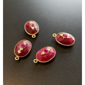 Pendentif  Double Pierre Serti et ovale avec Double Pierre, Rubis 13 par 17mm en Argent 925 finition Doré 18KT