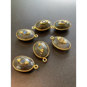Pendentif  Double Pierre Serti et ovale avec Double Pierre, Labradorite 13 par 17mm en Argent 925 finition Doré 18KT