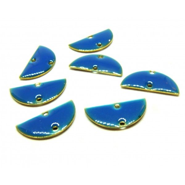 Connecteurs sequins, médaillons style résine émaillée , Biface Demi Cercle 20mm Cuivre coloris Bleu
