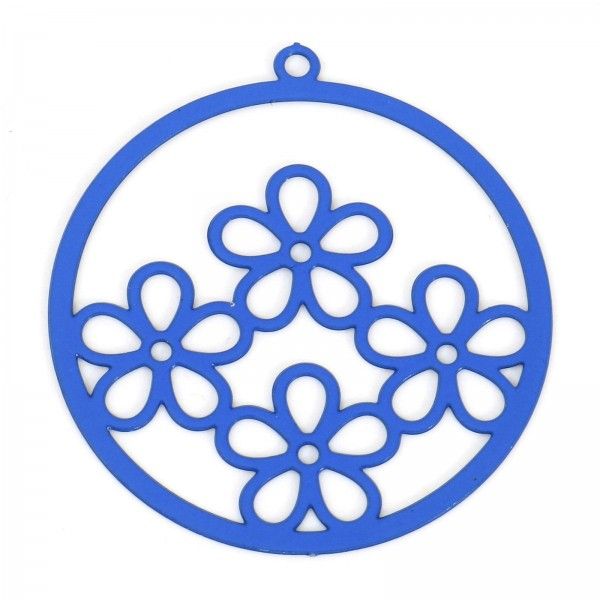 Estampes, pendentifs  multi fleurs dans cercle 25mm métal coloris Bleu