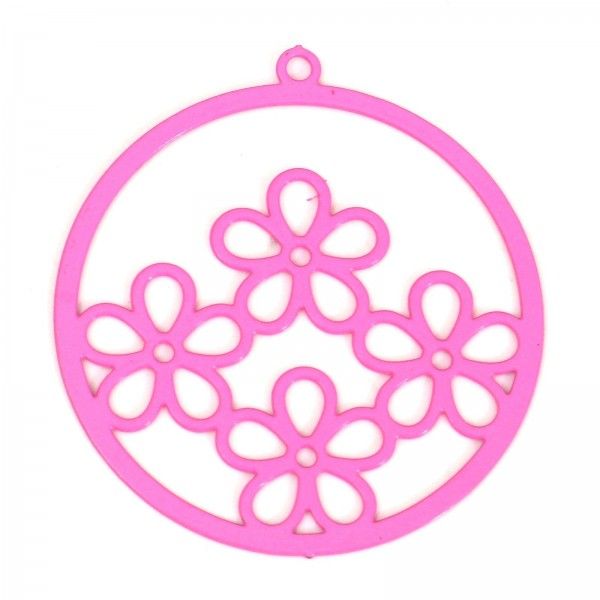 Estampes, pendentifs  multi fleurs dans cercle 25mm métal coloris Rose