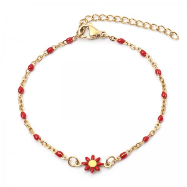 Bracelet - Marguerite Fleur Rouge 22 cm- en Acier Inoxydable 304 -finition Doré
