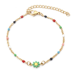 Bracelet - Marguerite Fleur résine émaille multicolores 22 cm- en Acier Inoxydable 304 -finition Doré