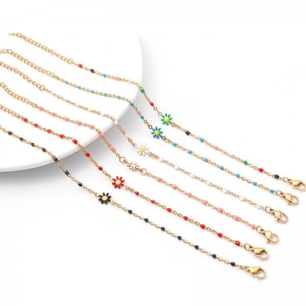 Bracelet - Marguerite Fleur résine émaille multicolores 22 cm- en Acier Inoxydable 304 -finition Doré