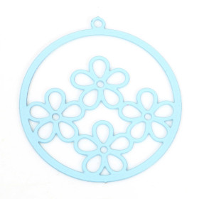 Estampes, pendentifs  multi fleurs dans cercle 25mm métal coloris Bleu Clair