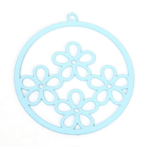 Estampes, pendentifs  multi fleurs dans cercle 25mm métal coloris Bleu Clair