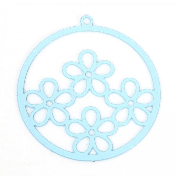 Estampes, pendentifs  multi fleurs dans cercle 25mm métal coloris Bleu Clair