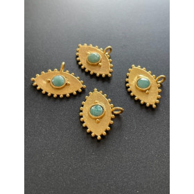 Pendentif Navette Amulette Œil de la protection Pierre Ronde Amazonite 11 par 22mm en Laiton finition Doré 18KT