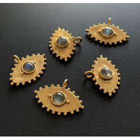 Pendentif Navette Amulette Œil de la protection Pierre Ronde labradorite 11 par 22mm en Laiton finition Doré 18KT